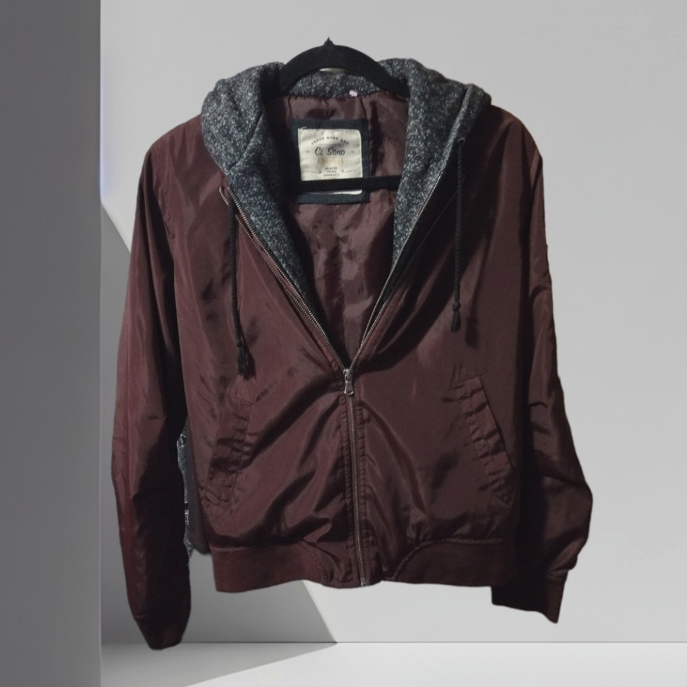 Ci Sono Burgandy Hooded Bomber Style Jacket